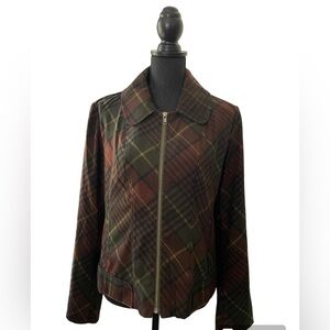 Cato Cropped Velour Jacket Women 12 Cropped Plaid Zip Up Faux Pockets Brown Grn